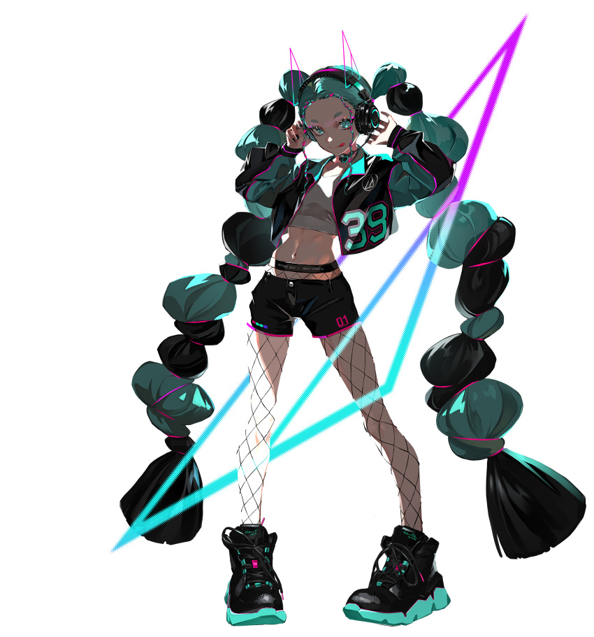 1girl, 39, :q, absurdres, aqua_eyes, aqua_hair, aqua_jacket, audio-technica