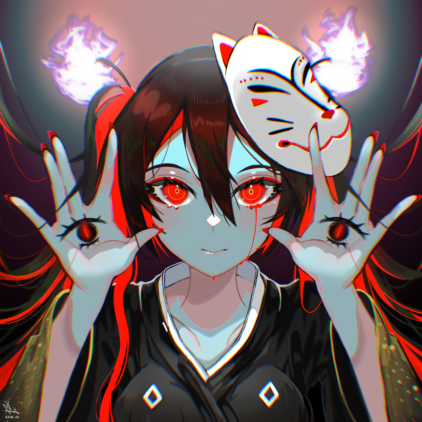 1girl, absurdres, azw_0901, black_hair, blood, blood_from_eyes, commentary_request, fingernails