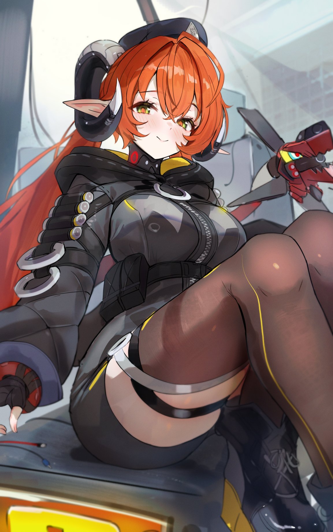 1girl, beret, black_gloves, black_hat, black_shoes, brown_thighhighs, commentary, desire_(des1re)