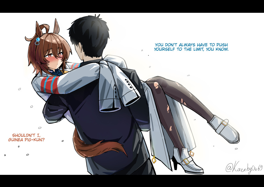 1boy, 1girl, absurdres, agnes_tachyon_(umamusume), ahoge, animal_ears, aqua_hair, black_border, black_hair, black_jacket, black_pants, black_pantyhose, border, bow, brown_hair, carrying, carrying_person, coat, ear_ornament, ear_tag, earrings, hair_bow, high_heels, highres, horse_ears, horse_girl, horse_tail, jacket, jewelry, kaenby0u69, lab_coat, long_sleeves, pants, pantyhose, red_eyes, shoes, short_hair, signature, simple_background, single_earring, sleeves_past_fingers, sleeves_past_wrists, sleeves_tied_together, tail, tail_wrap, torn_clothes, torn_pantyhose, trainer_(umamusume), twitter_username, umamusume, white_background, white_coat, white_shoes