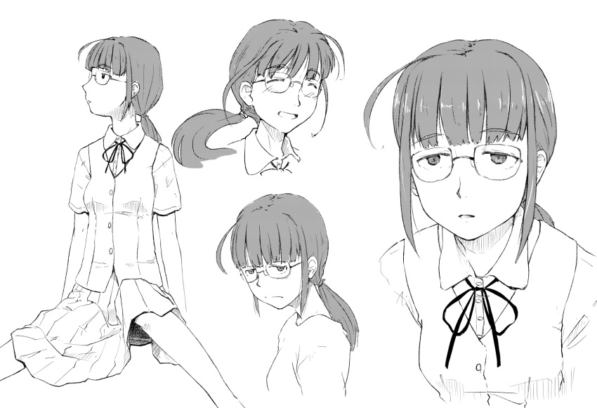 1girl, ahoge, closed_eyes, frown, glasses, greyscale, highres, hikage_monogatari