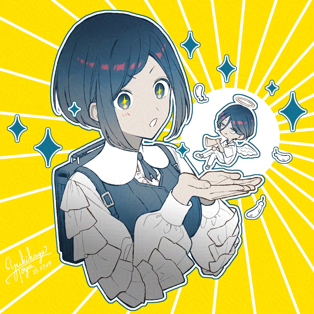 +_+, 1boy, 1girl, angel, angel_wings, backpack, bag, blue_hair