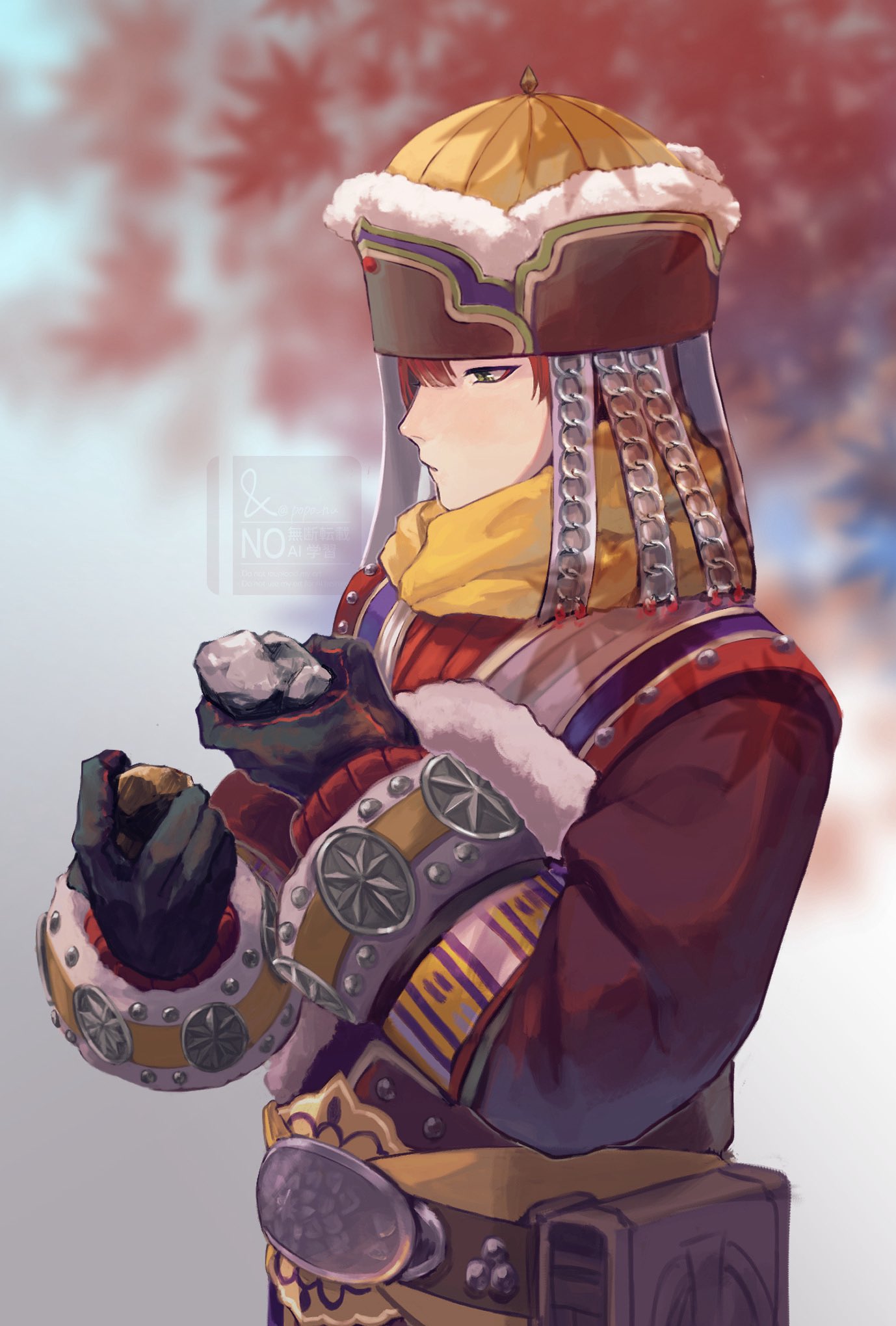 1boy, autumn_leaves, belt_pouch, black_gloves, blurry, blurry_background, closed_mouth, coat, commentary, cuilang_(rune_factory), fur-trimmed_headwear, fur_trim, gloves, green_eyes, hair_between_eyes, hashtag-only_commentary, hat, highres, holding, holding_rock, leaf, long_sleeves, male_focus, popotarou, pouch, profile, red_coat, red_hair, rock, rune_factory, rune_factory:_guardians_of_azuma, scarf, short_hair, solo, yellow_hat, yellow_scarf