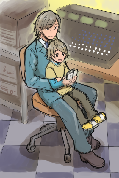 2boys, aged_down, blue_jacket, blue_shirt, blue_suit, brown_pants, brown_shoes, child