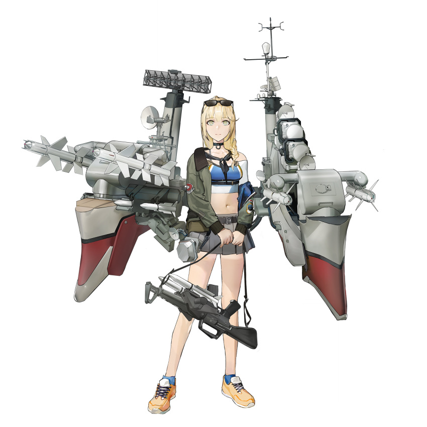 1girl, anti-ship_missile, artist_request, assault_rifle, belt, black_belt, black_neckerchief, blonde_hair