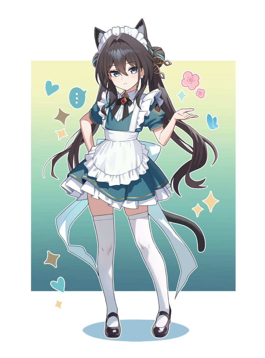 1girl, absurdres, aged_down, alternate_costume, animal_ears, apron, black_hair, black_shoes