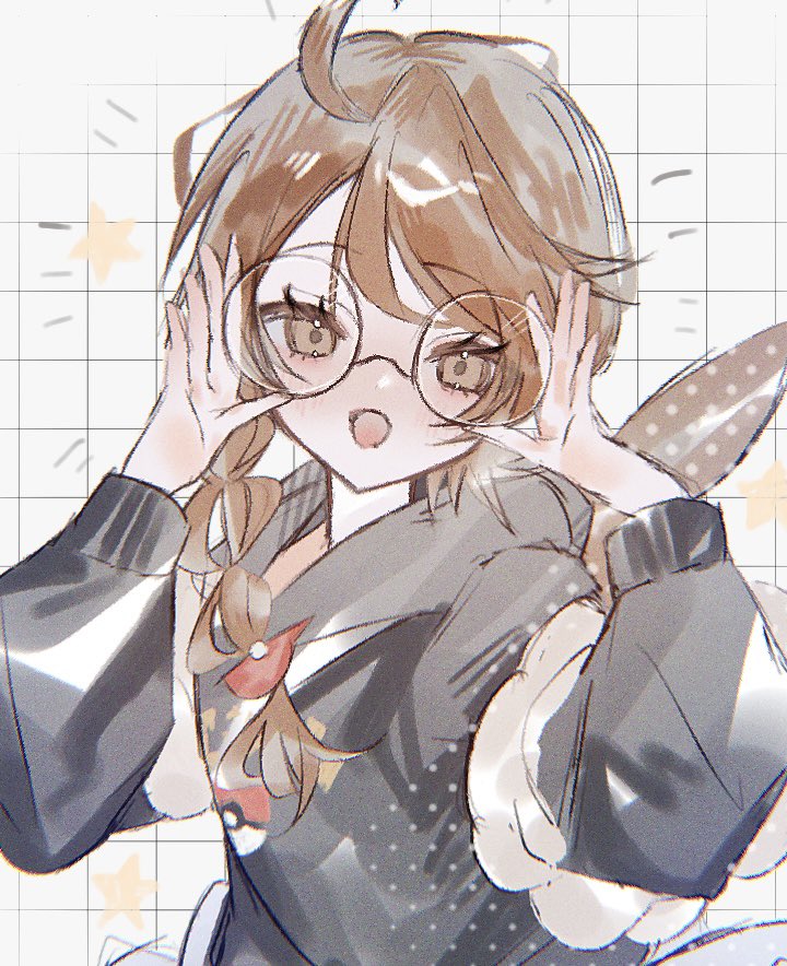 1girl, backpack, bag, black_hoodie, blush, braid, brown_bag, brown_eyes, brown_hair, c0smi5, cosplay, eevee_backpack, glasses, hood, hoodie, juliana_(pokemon), long_sleeves, looking_at_viewer, open_mouth, penny_(pokemon), penny_(pokemon)_(cosplay), pokemon, pokemon_sv, round_eyewear, shirt, simple_background, smile, upper_body