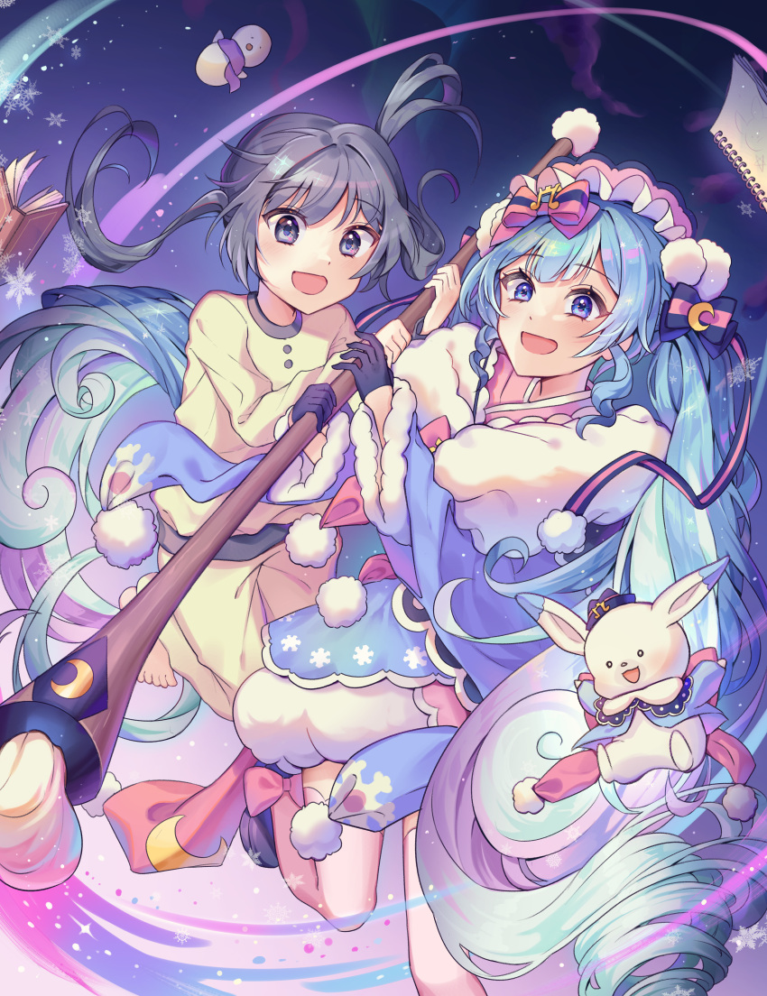 1other, 2girls, absurdres, aqua_hair, black_eyes, black_hair, blue_bow, blue_bowtie