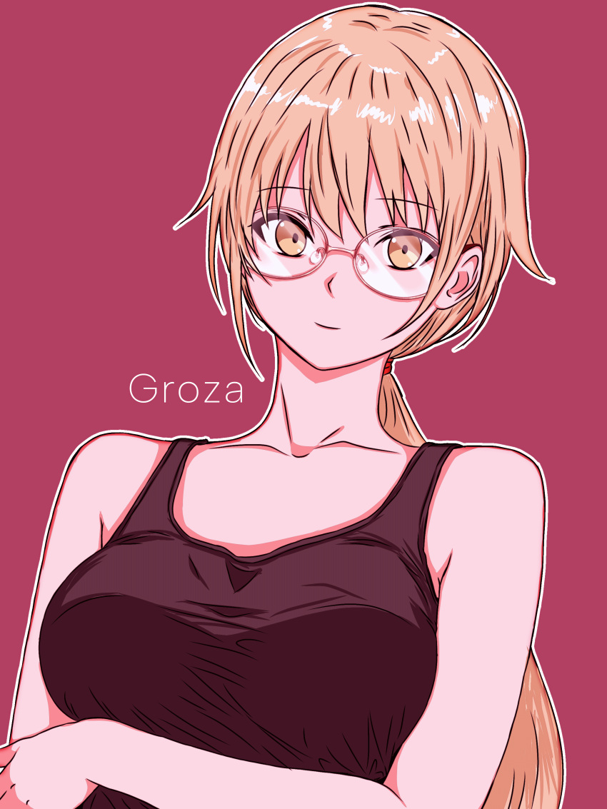 1girl, absurdres, alternate_costume, bare_shoulders, black_shirt, blonde_hair, breasts, character_name, cimol95, closed_mouth, collarbone, crossed_arms, girls_frontline, glasses, groza_(girls'_frontline_2), highres, ibispaint_(medium), light_smile, long_hair, looking_at_viewer, medium_breasts, ots-14_(girls'_frontline), ponytail, red_background, shirt, simple_background, solo, upper_body, yellow_eyes