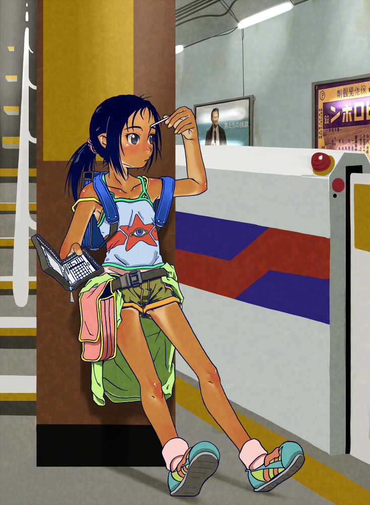backpack, bag, belt, black_eyes, black_hair, child, computer, footwear, laptop, long_hair, metalzigzag, original, ponytail, randoseru, shoes, shorts, sneakers, socks, solo, strap_slip, stylus, tan, tank_top, tanline