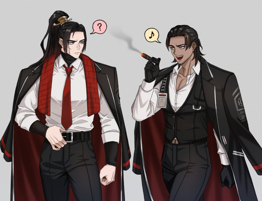 2boys, :d, ?, adjusting_belt, alternate_costume, beard_stubble, black_eyes, black_gloves, black_hair, black_jacket, black_vest, blonde_streaks, cigar, clenched_hand, cowboy_shot, cross_scar, curtained_hair, facial_hair, gloves, grin, hair_ornament, hand_on_own_stomach, high_ponytail, highres, holding, holding_cigar, id_card, jacket, jacket_on_shoulders, jia_qiu_(project_moon), kohath_lim, lcb_uniform_(project_moon), lei_heng_(project_moon), limbus_company, looking_at_another, mullet, multiple_boys, musical_note, necktie, ponytail, project_moon, red_necktie, red_scarf, scar, scar_on_face, scarf, shirt, single_horizontal_stripe, sleeves_rolled_up, smile, smoking, spoken_musical_note, spoken_question_mark, stole, stubble, vest, walking, white_shirt