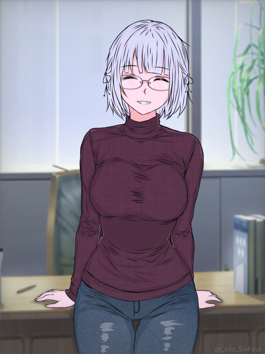 1girl, absurdres, alternate_costume, arm_support, arms_behind_back, blurry, blurry_background, book