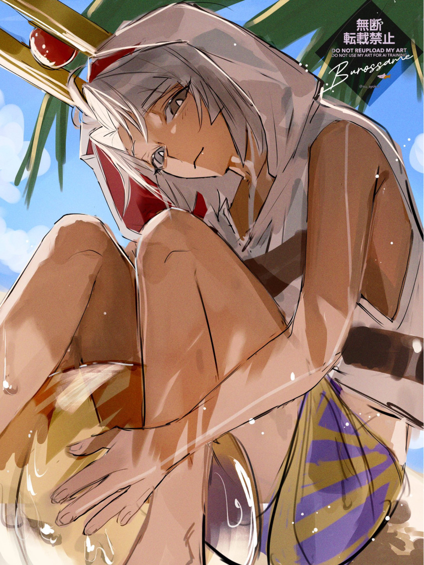 1boy, ball, beachball, blue_shorts, dark-skinned_male, dark_skin, fate/grand_order, fate_(series), grey_eyes, grey_hair, highres, hood, hooded_vest, hoodie, looking_at_viewer, medium_hair, ou_syoku7, shorts, sitting, solo, thighs, tutankhamun_(fate), tutankhamun_(sun_boat)_(fate), vest, white_vest