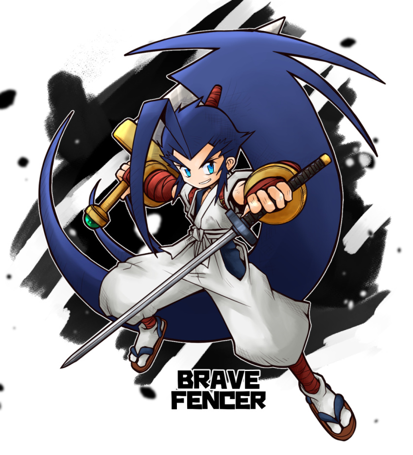 1boy, ahoge, blue_eyes, blue_hair, brave_fencer_musashiden, copyright_name, dual_wielding, highres