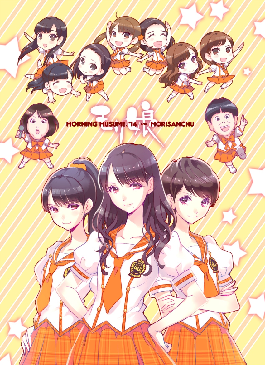 6+girls, absurdres, chibi, commentary_request, crossed_arms, hand_on_own_hip, highres, holding, holding_microphone, ikuta_erina, kudo_haruka, kurosawa_kazuko, long_hair, looking_at_viewer, microphone, mole, morning_musume, multiple_girls, necktie, nishimura_eri, orange_necktie, orange_skirt, oushima_miyuki, ponytail, puffy_short_sleeves, puffy_sleeves, real_life, short_hair, short_sleeves, skirt, smile, star_(symbol), swept_bangs, violet_eyes