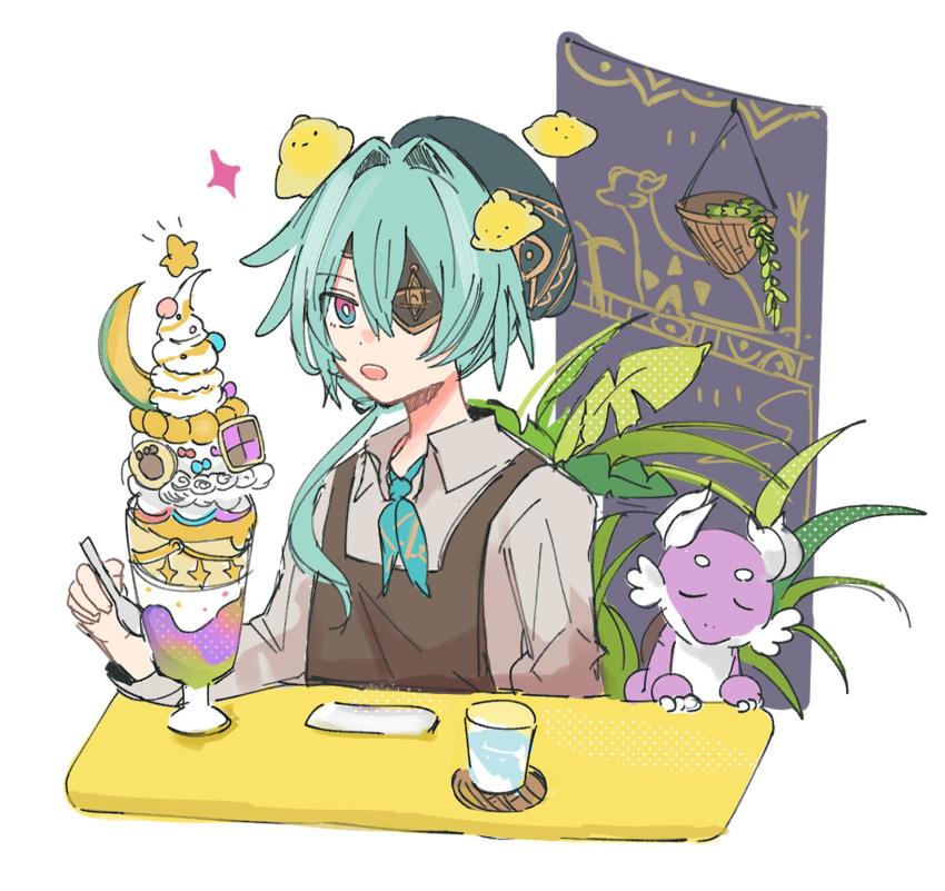 1boy, anaxa_(honkai:_star_rail), animal_on_head, apron, aqua_hair, aqua_neckerchief, bird, bird_on_head