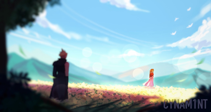 1boy, 1girl, aerith_gainsborough, armor, artist_name, bird, black_cape, black_vest