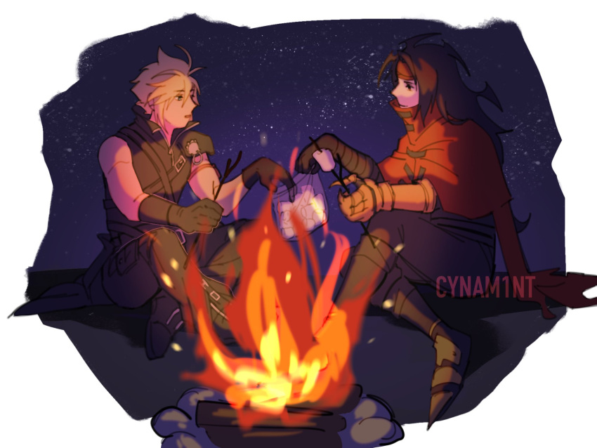 2boys, arm_ribbon, armor, armored_boots, artist_name, black_gloves, black_hair, black_pants