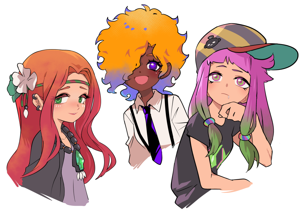 3girls, baseball_cap, black_necktie, black_pants, black_shirt, closed_mouth, collared_shirt, commentary