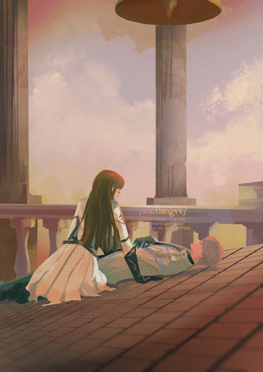 1boy, 1girl, anothingvv, artist_name, bell, bell_tower, black_boots, black_gloves