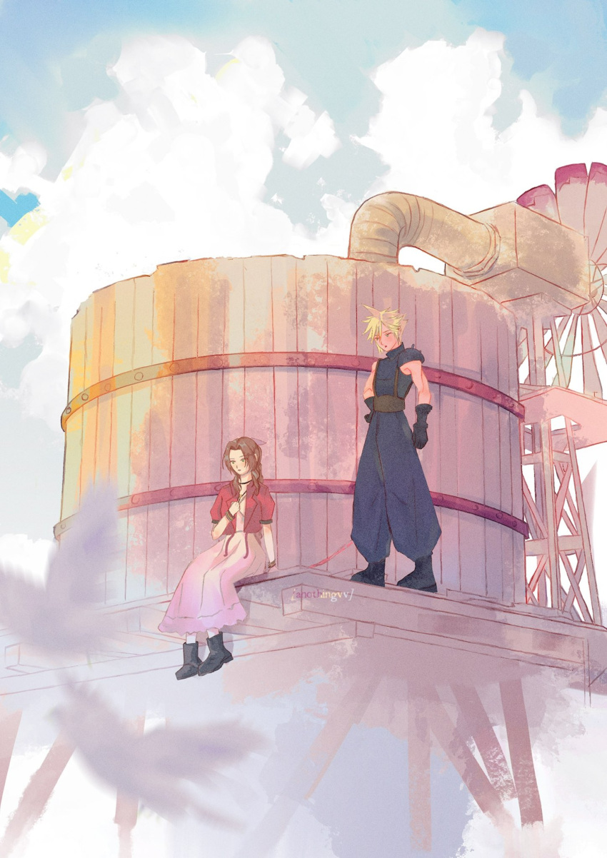 1boy, 1girl, aerith_gainsborough, anothingvv, armor, artist_name, baggy_pants, bangle