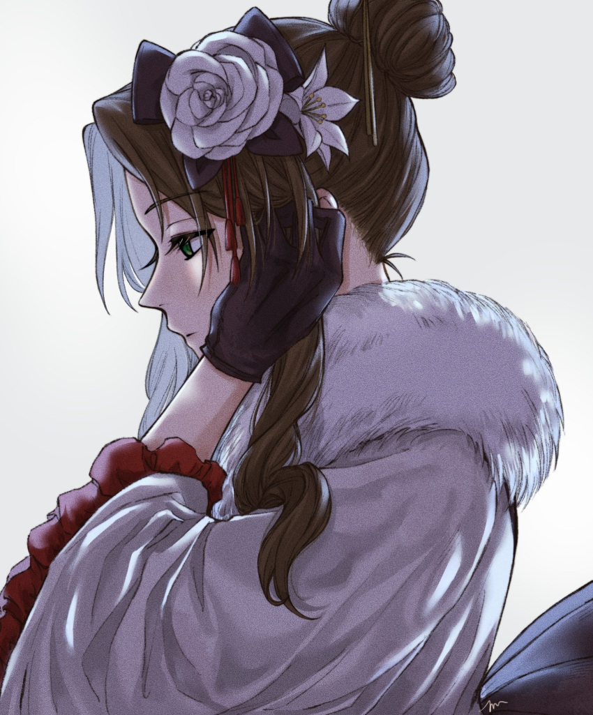 1girl, aerith_gainsborough, aerith_gainsborough_(festive_crimson_attire), back_bow, bow, brown_gloves, brown_hair, final_fantasy