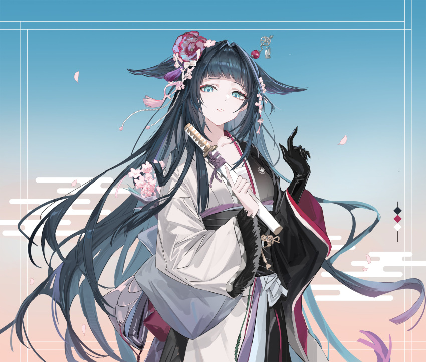 1girl, absurdres, arknights, black_gloves, black_hair, black_kimono, black_sash, blue_eyes, blunt_bangs, chenmu_sora, flower, fur-trimmed_sleeves, fur_trim, gloves, hair_flower, hair_intakes, hair_ornament, hair_wings, highres, japanese_clothes, kimono, light_smile, long_hair, long_sleeves, looking_at_viewer, mio_(arknights), obi, parted_lips, pink_flower, sash, single_glove, solo, sword, two-tone_kimono, upper_body, very_long_hair, wakizashi, weapon, white_kimono, wide_sleeves