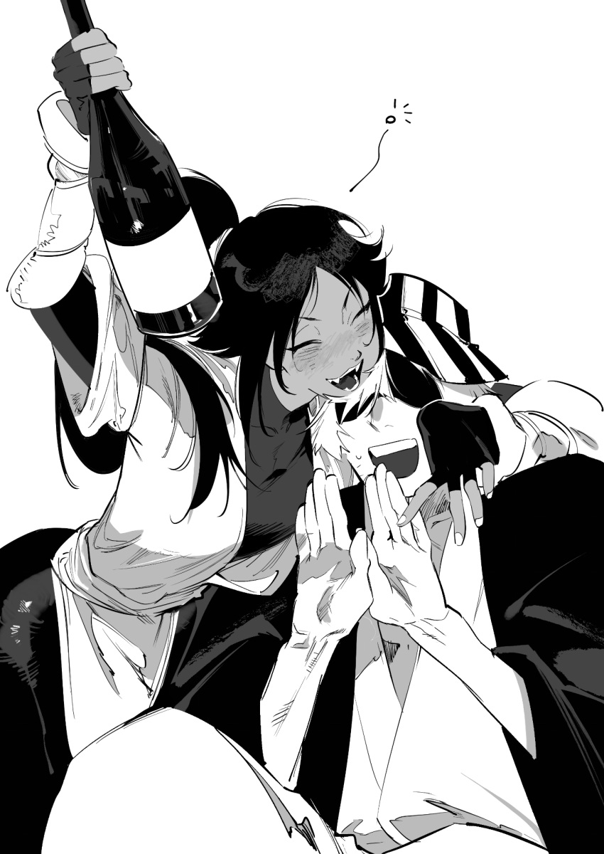 1boy, 1girl, alcohol, atie1225, black_leotard, bleach, blush, bottle, drunk, greyscale, happy, hat, highres, leotard, monochrome, shihouin_yoruichi, smile, urahara_kisuke, white_background, wine, wine_bottle