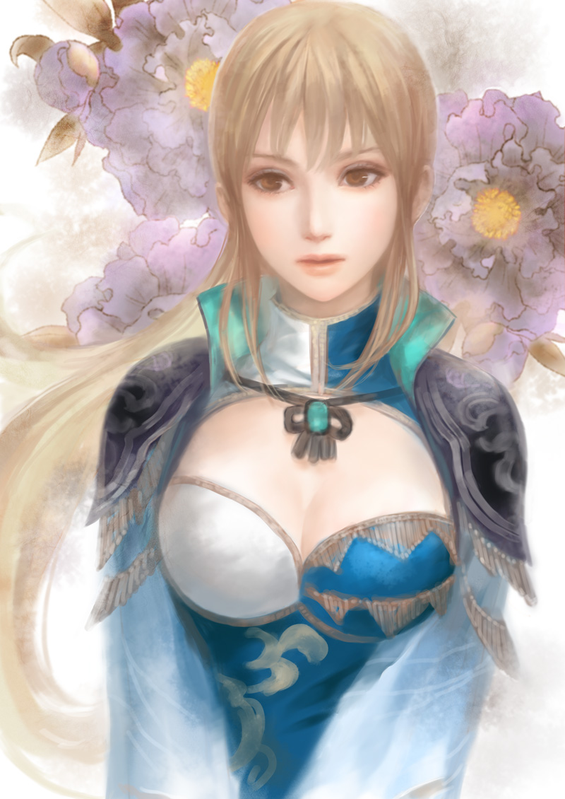 breasts, cleavage, cleavage_cutout, kageco, lips, shin_sangoku_musou, shin_sangoku_musou_6, wang_yuanji, yellow_eyes