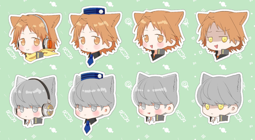 2boys, bandana, blue_hat, blue_necktie, blush, brown_eyes, brown_hair, candy