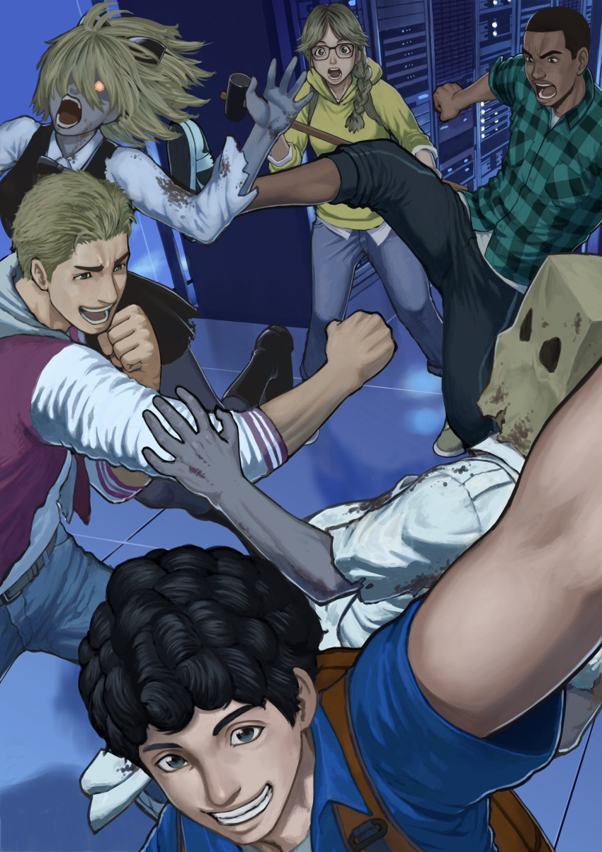 1girl, 3boys, 5tatsu, bag, bag_over_head, belt, black_hair, blonde_hair