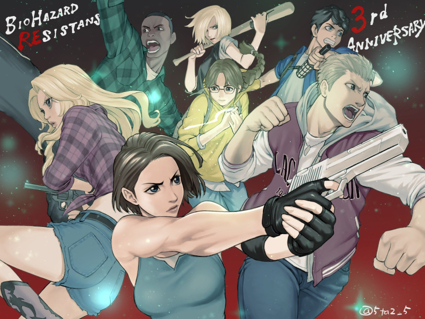 3boys, 4girls, 5tatsu, anniversary, backpack, bag, bare_shoulders, baseball_bat