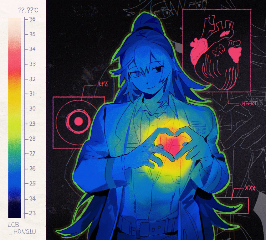 1boy, averting_eyes, bakori514_(h_akka), black_eyes, blue_coat, blue_eyes, blue_hair, blue_necktie, blue_shirt, blue_vest, coat, collared_shirt, commentary, diagram, double-parted_bangs, green_outline, hair_between_eyes, head_tilt, heart, heart_(organ), heart_hands, heart_in_heart_hands, heatmap, heterochromia, high_ponytail, highres, hong_lu_(project_moon), limbus_company, limited_palette, long_hair, male_focus, necktie, outline, ponytail, project_moon, shirt, smile, solo, symbol-only_commentary, upper_body, vest, zoom_layer