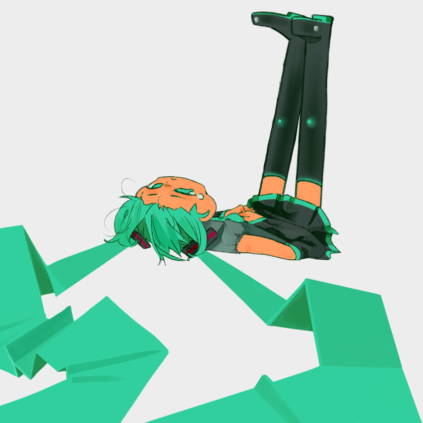 1girl, absurdres, bare_shoulders, black_boots, black_skirt, black_sleeves, boots, closed_mouth, collared_shirt, crying, crying_with_eyes_open, detached_sleeves, frown, full_body, green_eyes, green_hair, green_necktie, grey_shirt, hand_on_own_chest, hatsune_miku, highres, legs_up, long_hair, long_sleeves, looking_ahead, looking_up, lying, miniskirt, necktie, on_back, own_hands_together, pleated_skirt, rainyy, shirt, simple_background, skirt, sleeveless, sleeveless_shirt, solo, tears, thigh_boots, twintails, very_long_hair, vocaloid, white_background, zettai_ryouiki
