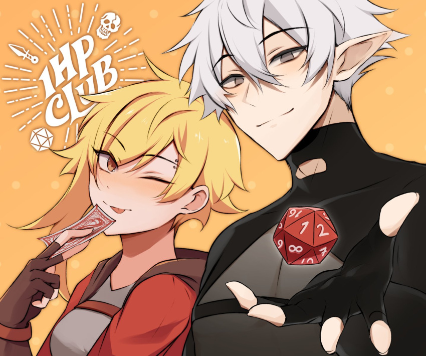 1boy, 1girl, 1hp_club, ;p, alice_(1hp_club), black_gloves, black_shirt, blonde_hair