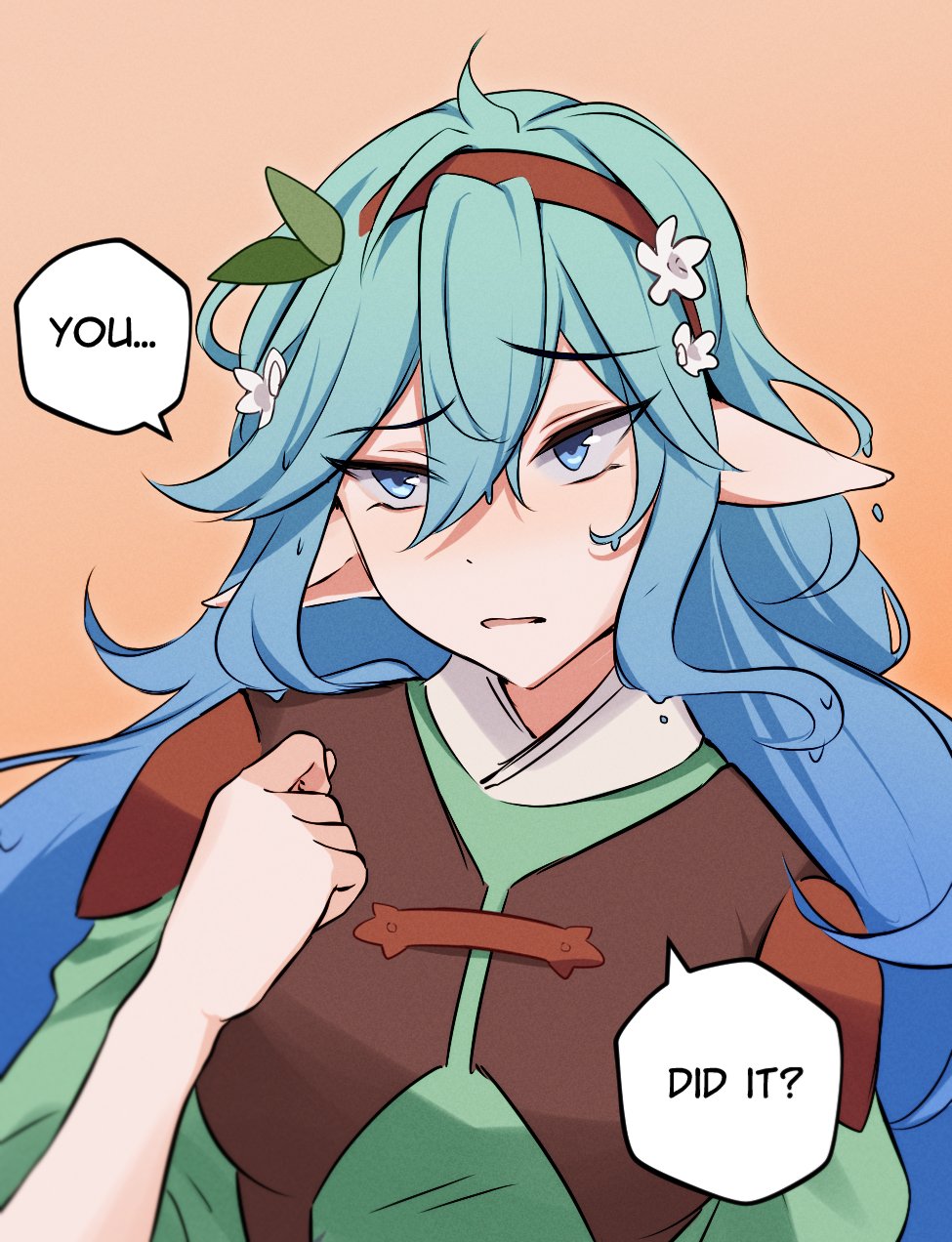 1girl, 1hp_club, blue_eyes, blue_hair, brown_tunic, commentary, elfboiii, english_commentary