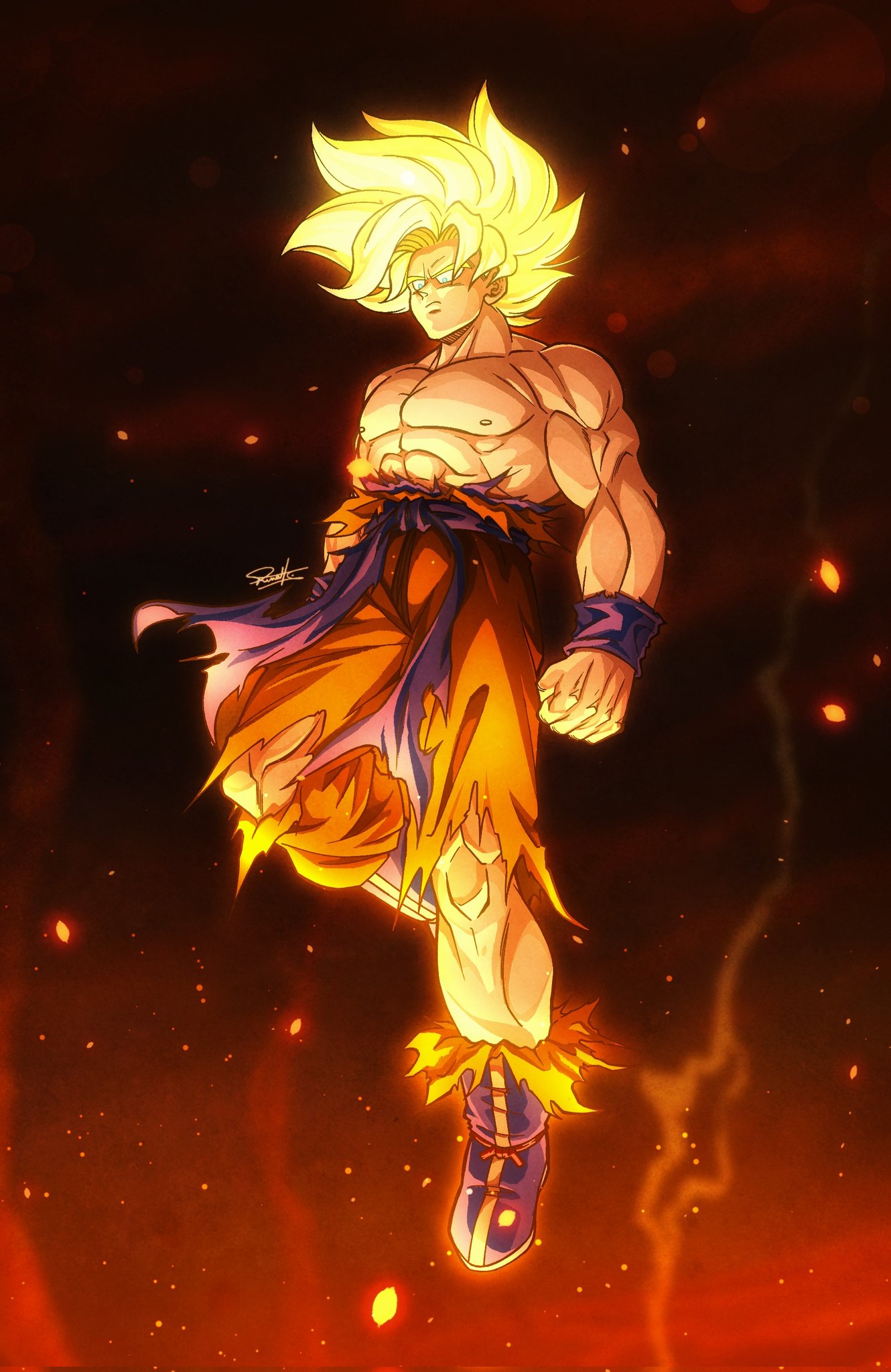 1boy, blonde_hair, blurry, blurry_background, dragon_ball, dragon_ball_z, floating, full_body