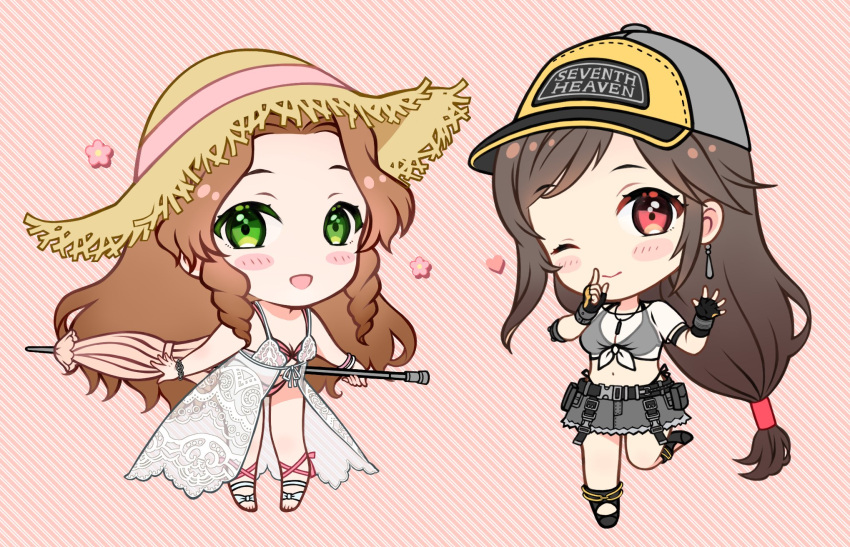aerith_gainsborough, aerith_gainsborough_(sunny_robe), baseball_cap, bikini, bikini_under_clothes, black_bikini, black_gloves, black_hair