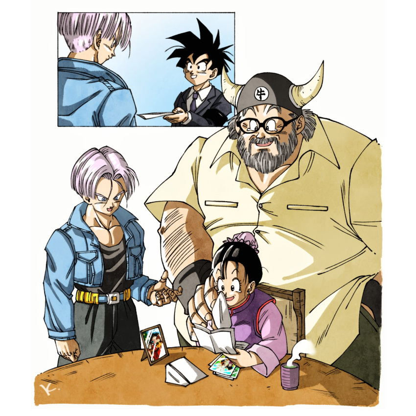 1girl, 3boys, beard, black_dougi, black_hair, black_necktie, black_suit, blue_jacket, bun_cover, chi-chi_(dragon_ball), china_dress, chinese_clothes, collared_shirt, cropped_jacket, cup, dragon_ball, dragon_ball_z, dress, facial_hair, fake_horns, glasses, grey_hair, gyuu_maou, hair_between_eyes, hair_bun, hand_in_pocket, hand_on_another's_shoulder, happy_tears, helmet, highres, holding, holding_paper, horned_helmet, horns, jacket, kakeru_(dbskakeru), multiple_boys, necktie, open_mouth, paper, parted_bangs, parted_lips, pectorals, photo_(object), picture_frame, pink_shirt, purple_dress, reading, shirt, short_hair, smile, son_gohan, spiky_hair, steam, suit, suit_jacket, tears, teeth, toriyama_akira_(style), trunks_(dragon_ball), trunks_(future)_(dragon_ball), updo, white_background, white_shirt, wiping_tears, wristband, yellow_shirt