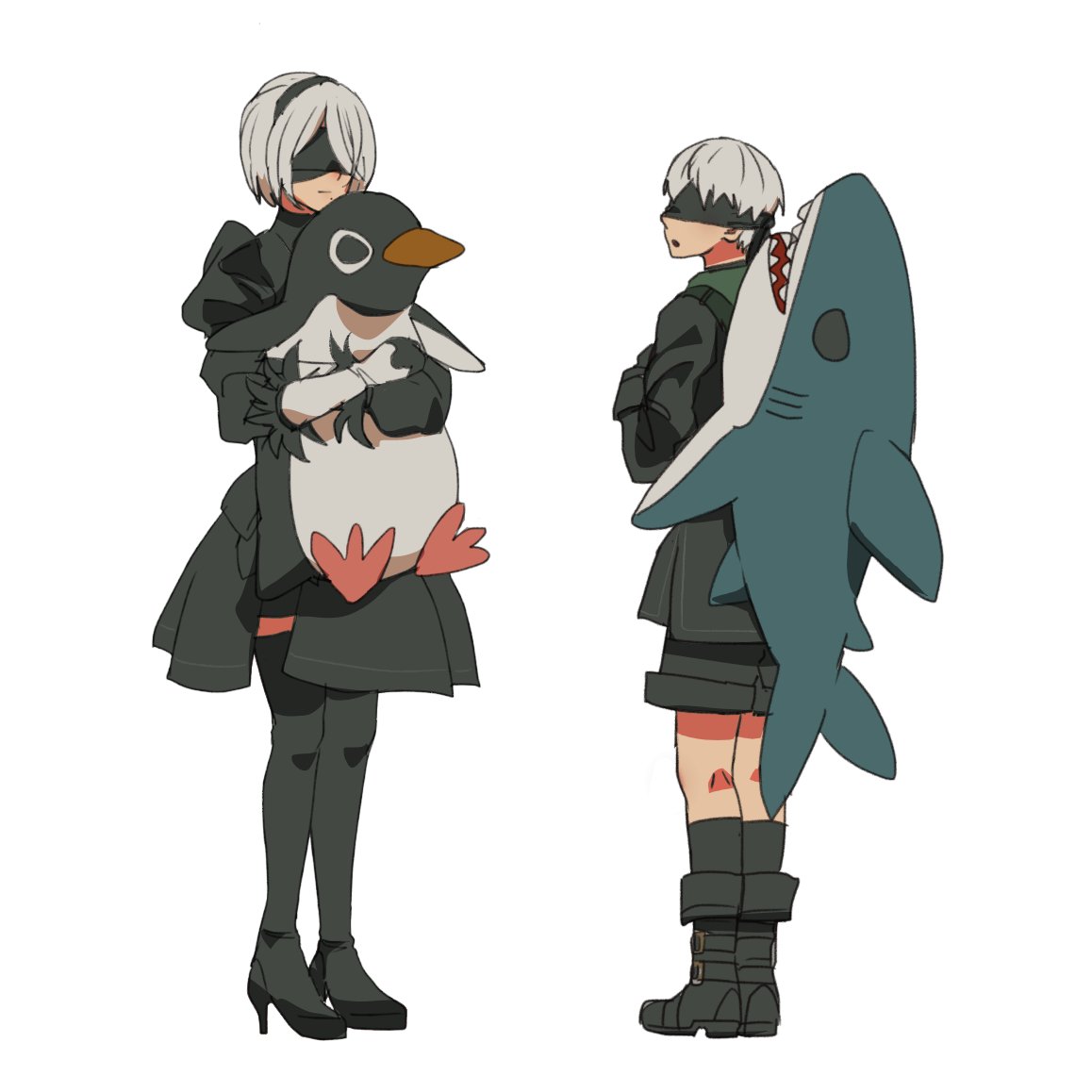 1boy, 1girl, 2b_(nier:automata), 9s_(nier:automata), animal_bag, bird, black_boots, black_choker