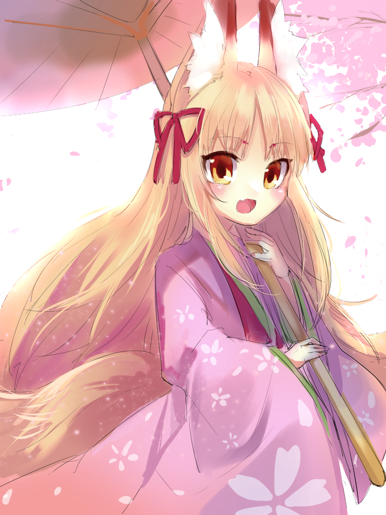 1girl, animal_ears, blonde_hair, cherry_blossoms, emil_chronicle_online, fox_ears, fox_girl, fox_tail