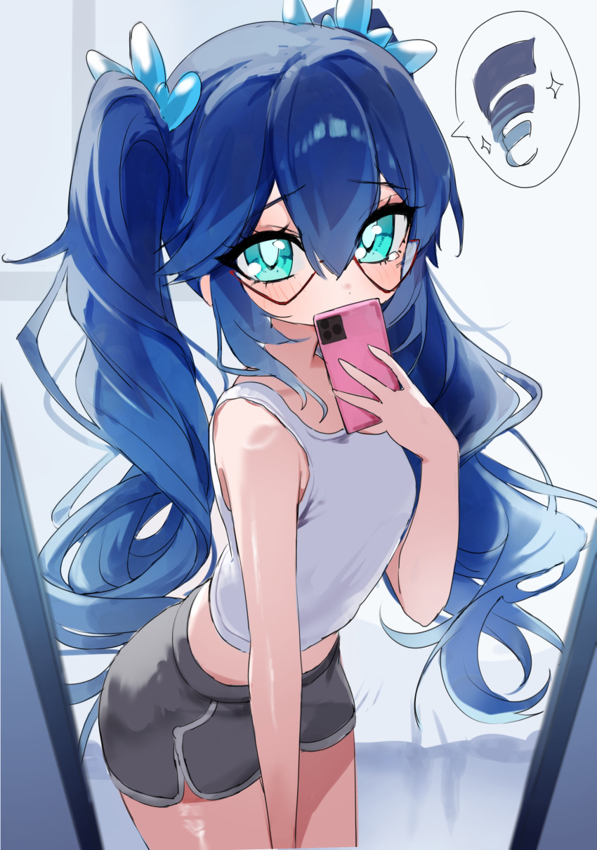 1girl, absurdres, alternate_costume, alternate_hairstyle, aqua_eyes, black_shorts, blue_hair, bright_pupils, colored_tips, commentary_request, cowboy_shot, crop_top, diamond_star12, dolphin_shorts, dot_nose, drill_hair, eyes_visible_through_eyewear, eyes_visible_through_hair, floating_hair, fubuki-chan_(youkai_watch), hair_between_eyes, hair_ornament, hand_up, highres, holding, holding_phone, indoors, leaning_forward, long_hair, looking_at_viewer, mirror_selfie, multicolored_hair, phone, red-framed_eyewear, selfie, shirt, shorts, sleeveless, sleeveless_shirt, solo, speech_bubble, tank_top, twin_drills, white_tank_top, youkai_(youkai_watch), youkai_watch