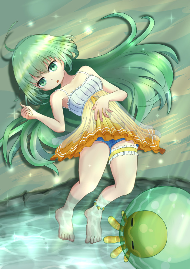 1girl, ahoge, anklet, bare_shoulders, blue_pants, camisole, emil_chronicle_online, frilled_thigh_strap, green_eyes, green_hair, jellyfish, jewelry, long_hair, lying, nyororism, open_mouth, orange_skirt, pants, poison_gel_alma, skirt, soaking_feet, thigh_strap, white_camisole