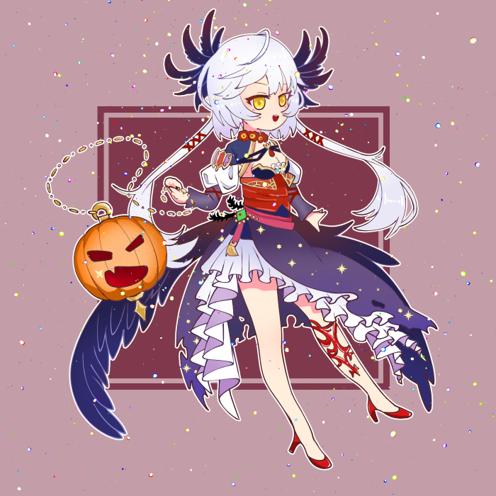 1girl, black_wings, chaos_karen_(grimms_notes), dress, full_body, grey_hair, grimms_notes, hair_between_eyes