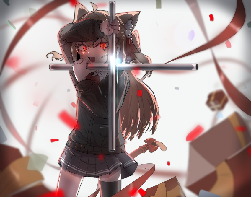 1girl, :d, ahoge, alexander_anderson's_pose, animal_ear_fluff, animal_ears, arm_up, black_cardigan