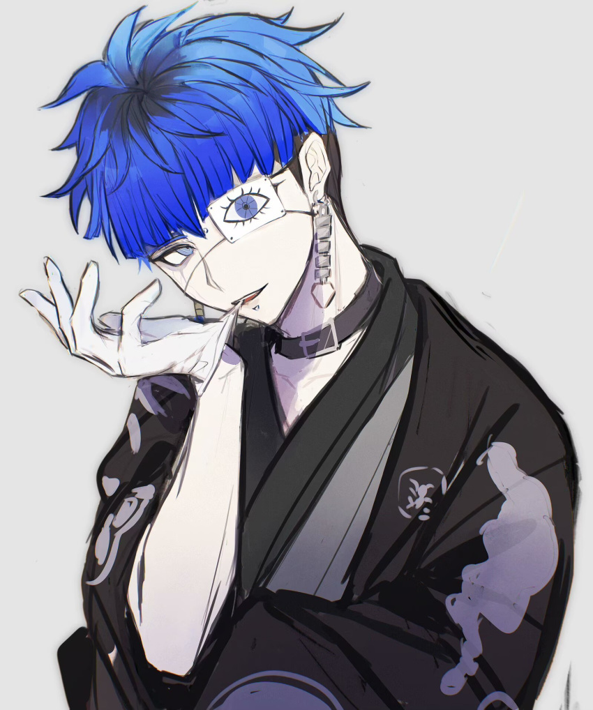 1boy, biting, biting_glove, black_hair, black_haori, blue_hair, choker, earrings