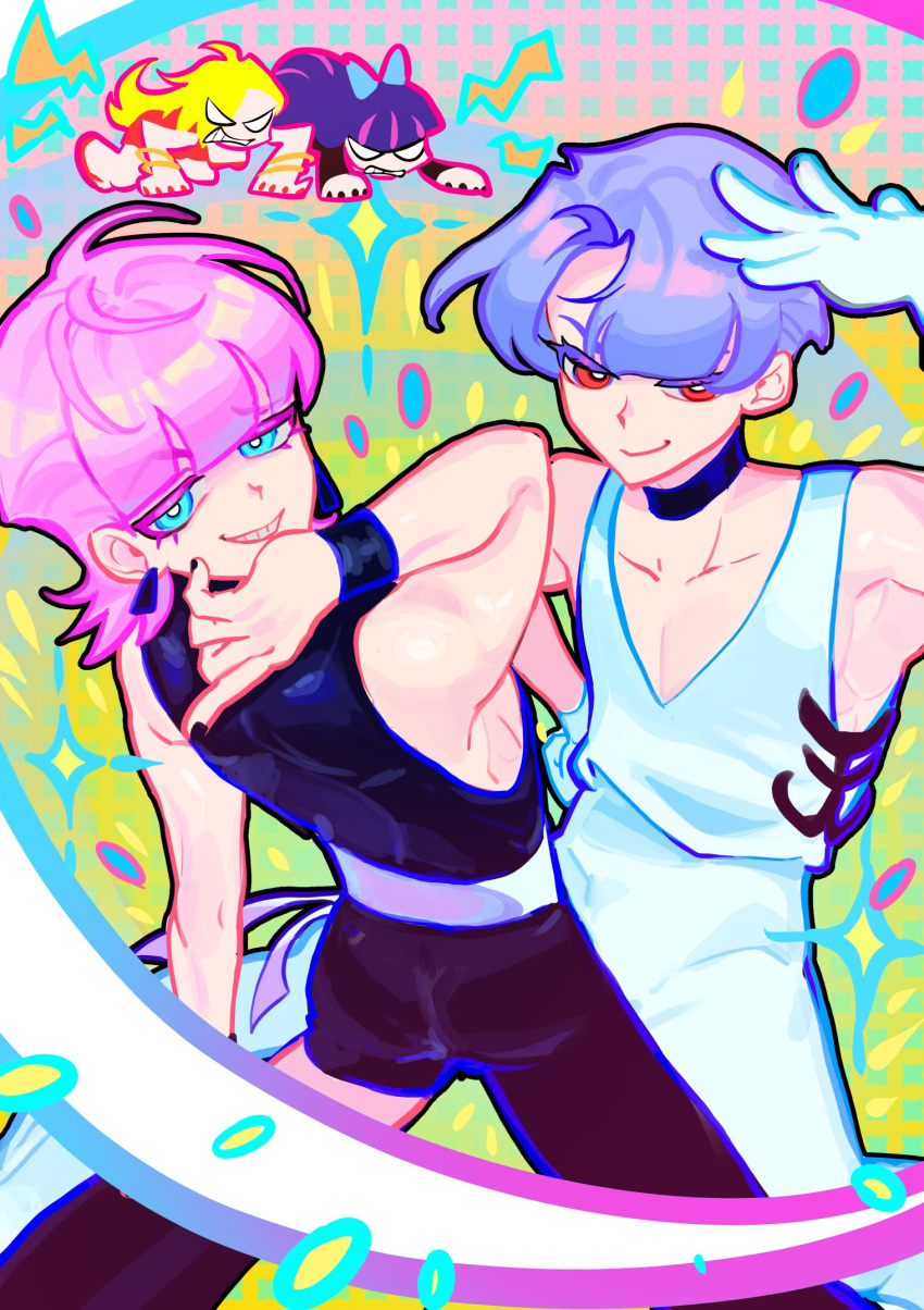 2boys, asymmetrical_clothes, black_jumpsuit, black_nails, blue_eyes, blunt_bangs, brothers, choker