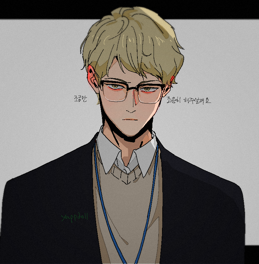 1boy, :|, black_jacket, blonde_hair, brown_sweater, closed_mouth, collar, collared_shirt
