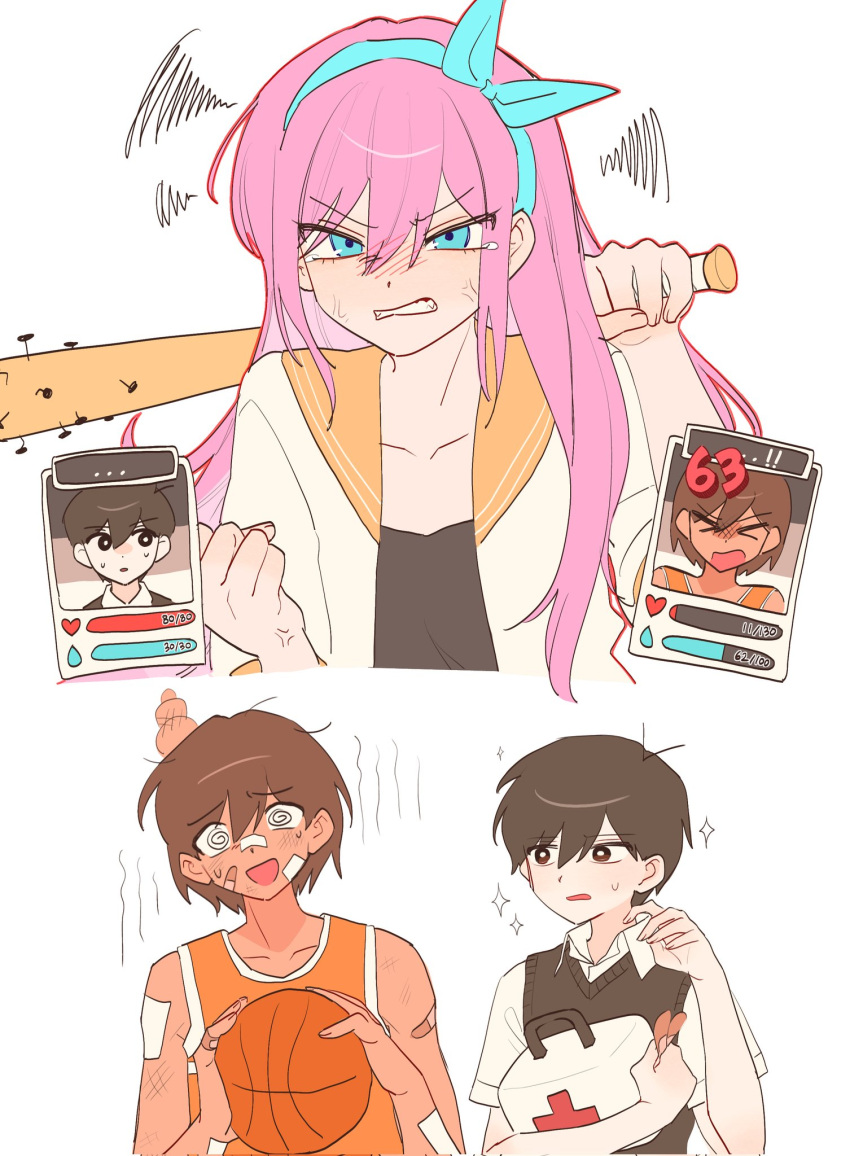 >_<, 1girl, 2boys, @_@, anger_vein, aubrey_(faraway)_(omori), aubrey_(omori), ball