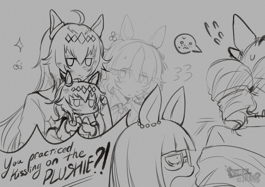 4girls, after_kiss, ahoge, animal_ears, belno_light_(umamusume), blush, closed_mouth, ear_ornament